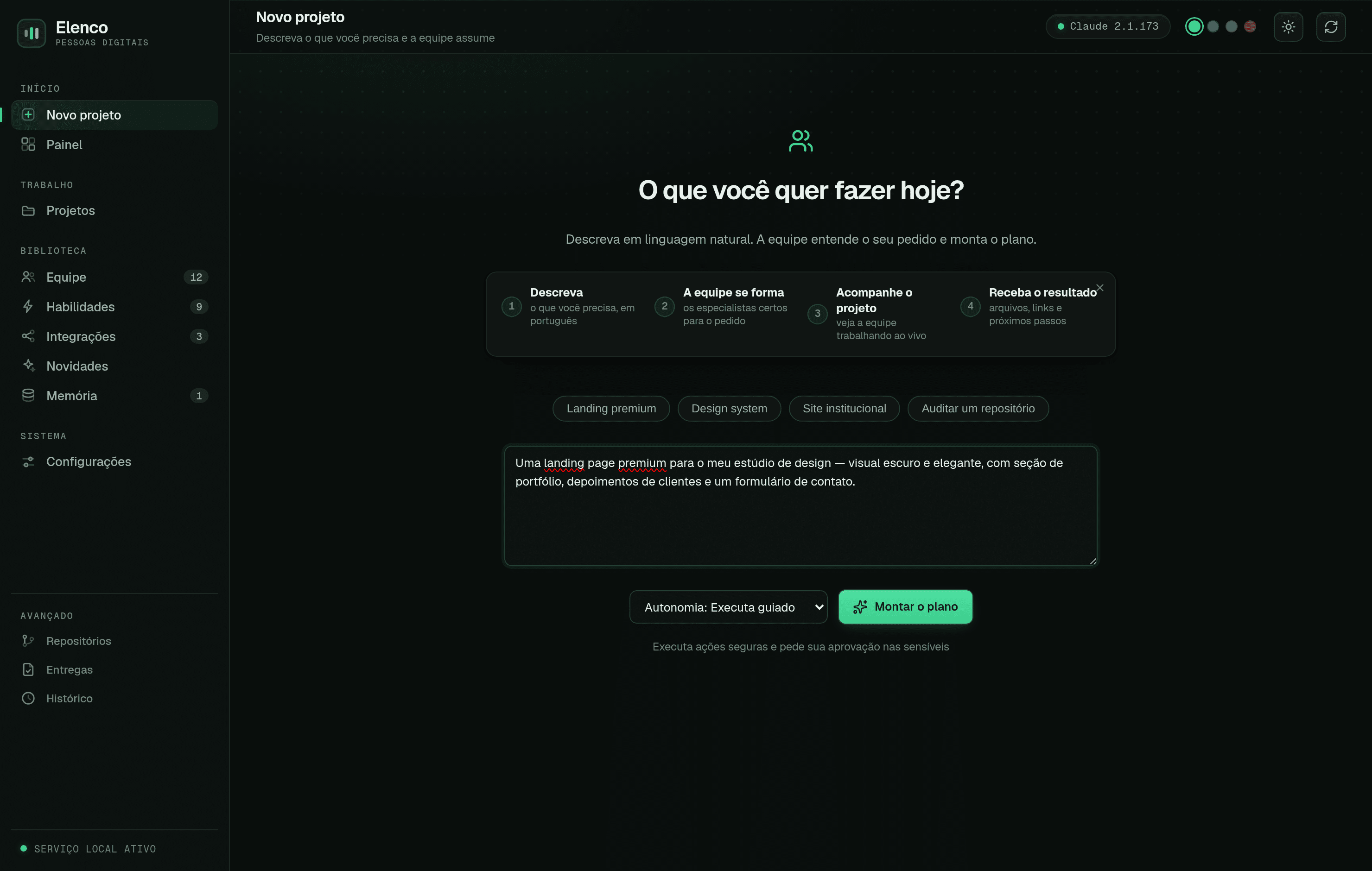 Tela do Elenco: você descreve o projeto em linguagem natural e a equipe monta o plano.